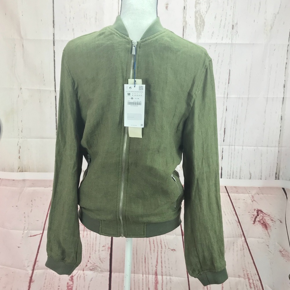 Zara Man Hood Army Green Bomber Jacket Medium - Picture 1 of 5